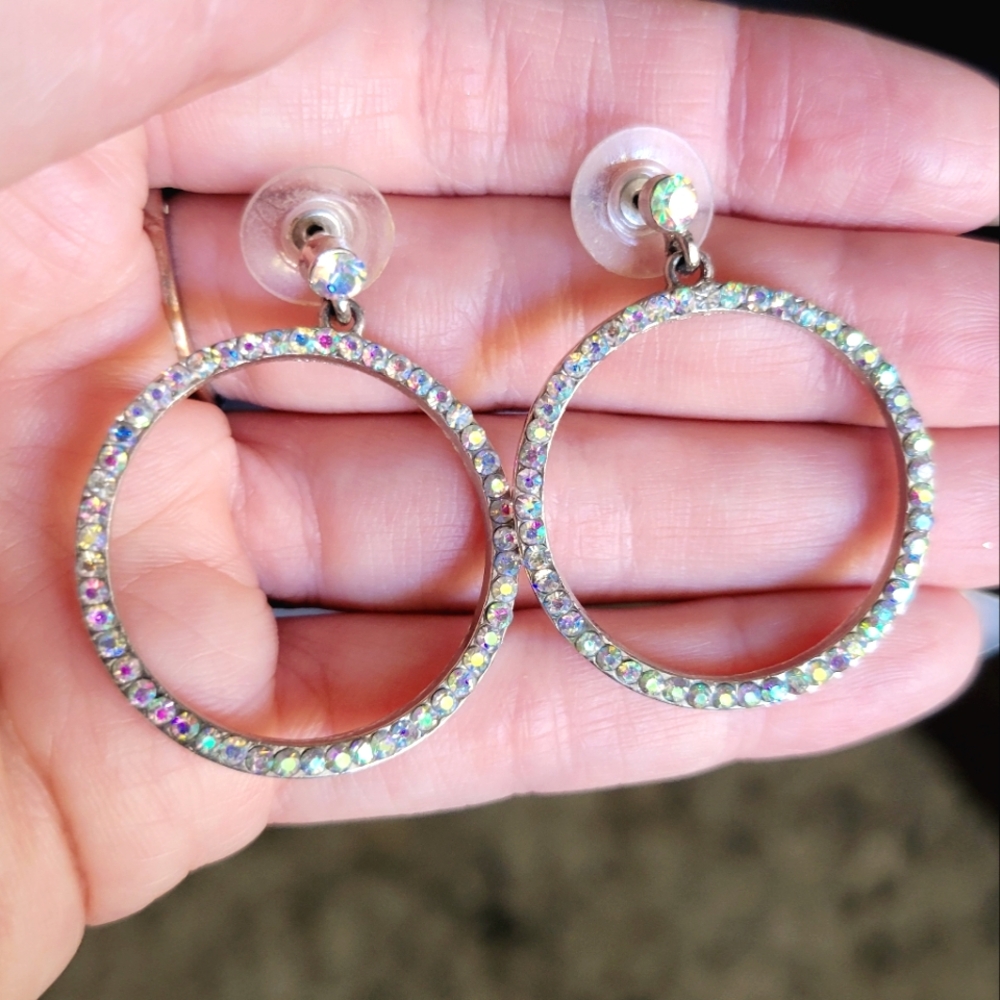 Iridescent Multicolor Studded Dangle Hoops Earrings